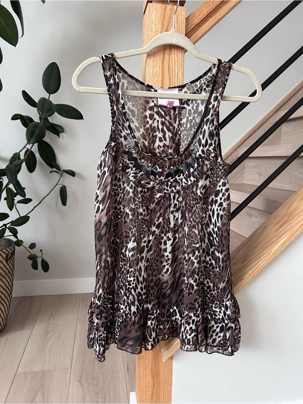 Romeo & Juliet Couture Brown Animal Print Beaded Ruffle Camisole